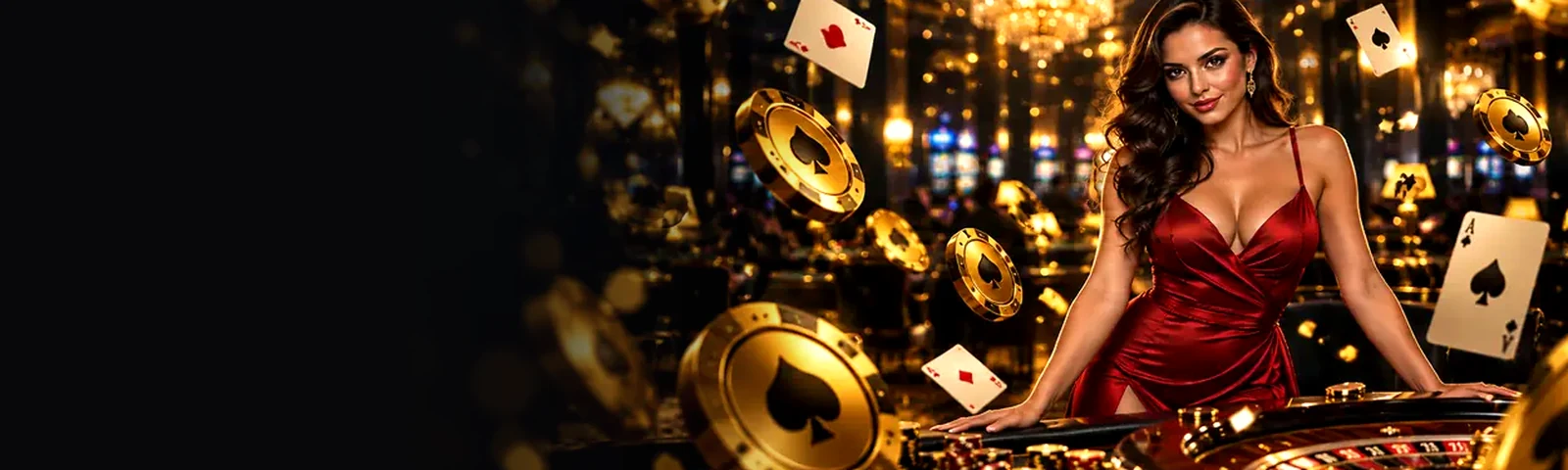 Golden chips and playing cards flying above an Oddsking table
