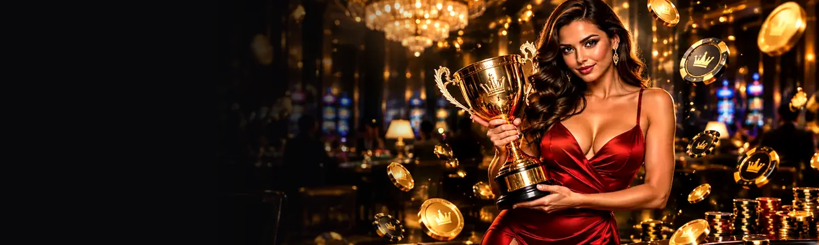 Oddsking Casino hostess holding a gold trophy in the casino hall