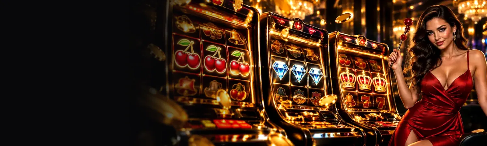 Row of golden Oddsking slot machines with cherries and diamonds