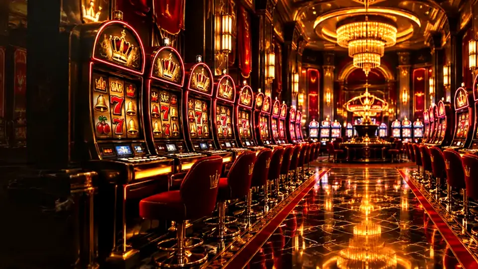 Row of crown-topped slot machines in the Oddsking casino hall